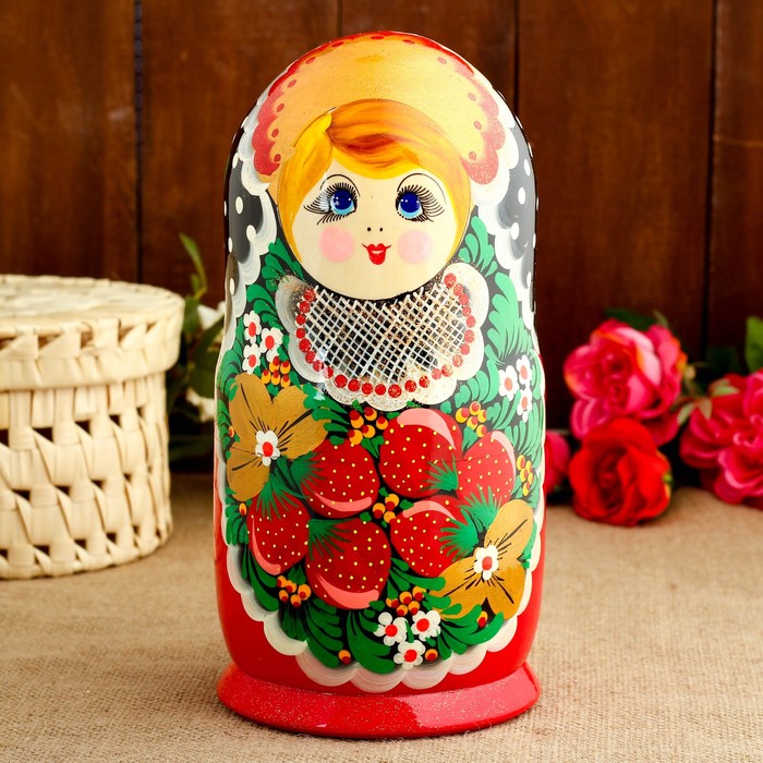 Матрёшка «Хохлома», красное  платье, 10 кукольная, 26 см