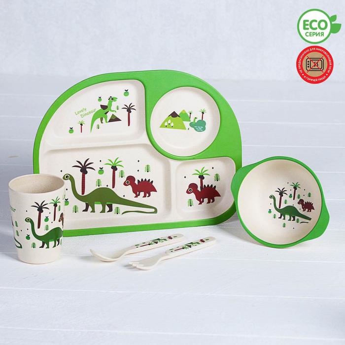 Набор детской посуды из бамбука «Динозаврики», 5 предметов: тарелка, миска, стакан, столовые приборы набор детской посуды из бамбука 5 предметов забавные динозаврики