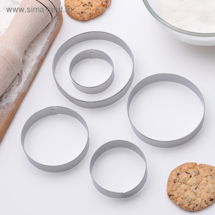 фото Набор форм для вырезания печенья доляна «круг», 5 шт: 3,1 см, 3,6 см, 4 см, 4,6 см, 5 см, цвет хромированный