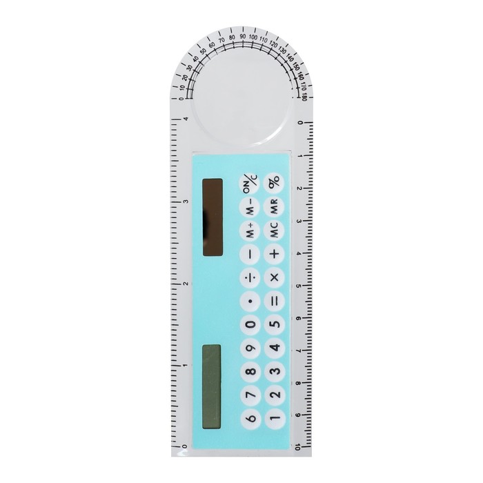 Калькулятор-линейка, 10 см, 8-разрядный, корпус прозрачный, с транспортиром, работает от света