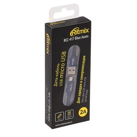 

Кабель Ritmix, micro USB - USB, оплетка из джинсы, 2 А, 1 м, темно-синий