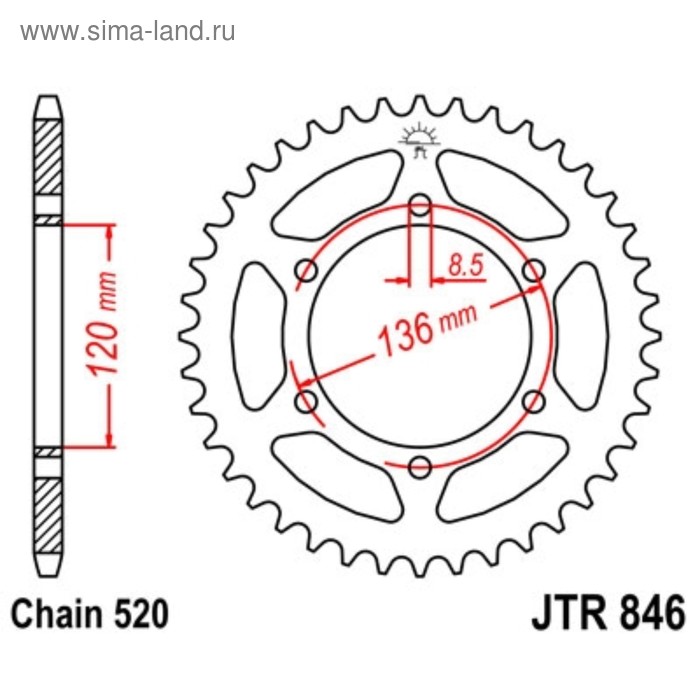 

Звезда задняя, ведомая JTR846 стальная, цепь 520, 37 зубьев
