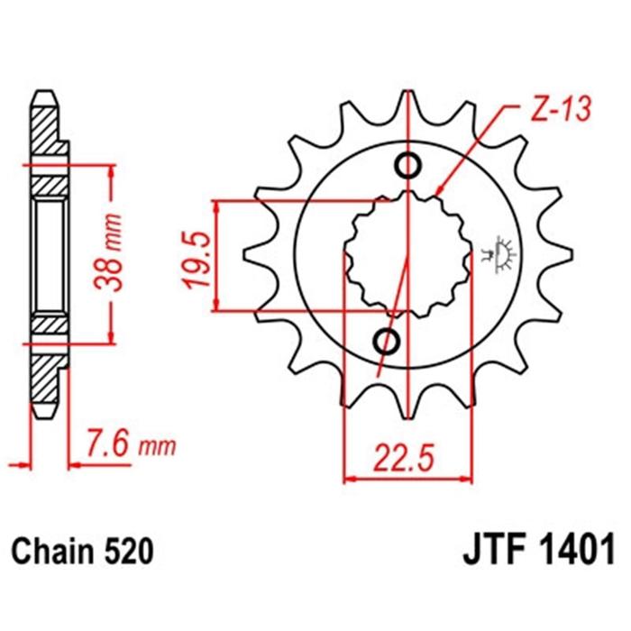

Звезда передняя, ведущая JT 1401, стальная, цепь 520, 14 зубьев