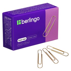 Скрепки канцелярские 50мм, золотистые 100 штук Berlingo, в картонной упаковке