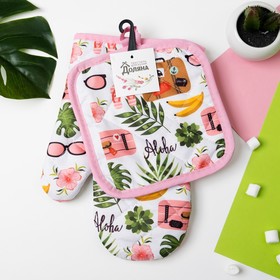 

Кухонный набор Доляна Aloha цв.розовый,прихватка 16*16 см, рукавица 25*16 см,100% п/э