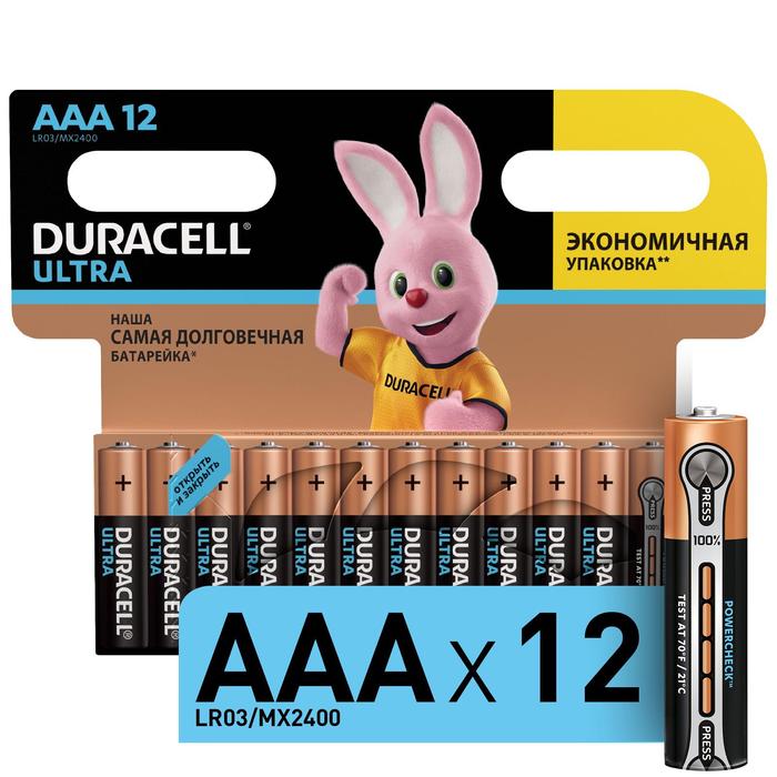 

Батарейка алкалиновая Duracell Ultra Power, AAA, LR03-12BL, 1.5В, 12 шт.