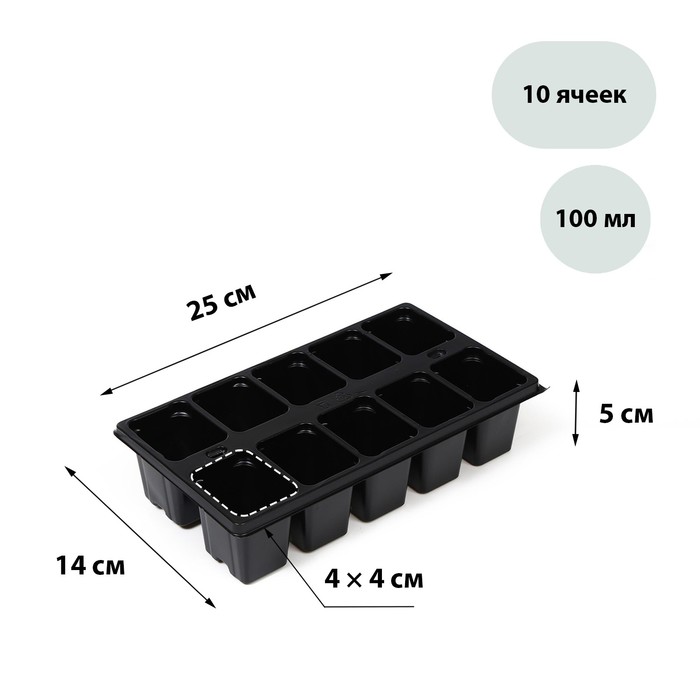 Кассета для рассады Greengo на 10 ячеек, по 100 мл, пластиковая, чёрная, 25 × 14 × 5 см