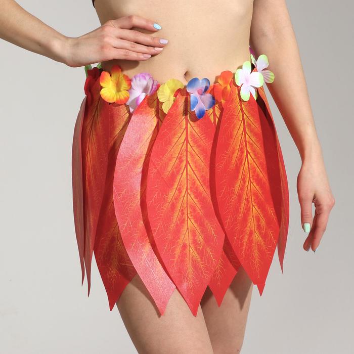 Гавайская юбка «Листики красные и цветочки» 36 см гавайская юбка листики красные и цветочки 36 см