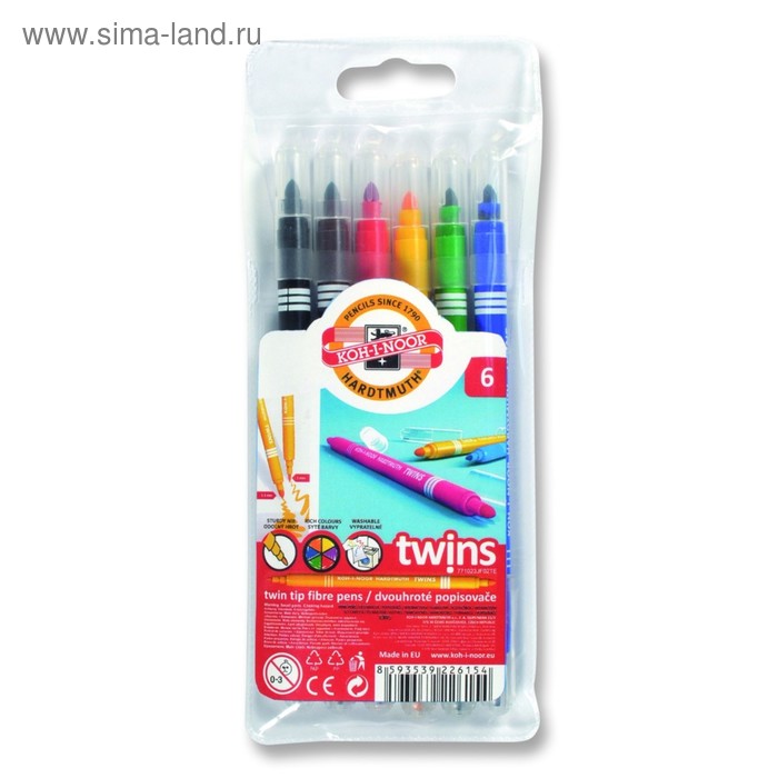 

Фломастеры 6 цветов Koh-I-Noor 1023/06 TWINS, двусторонние, пакет, европодвес
