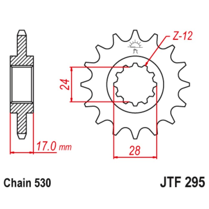 

Звезда передняя, ведущая JTF295, стальная, цепь 530, 15 зубьев