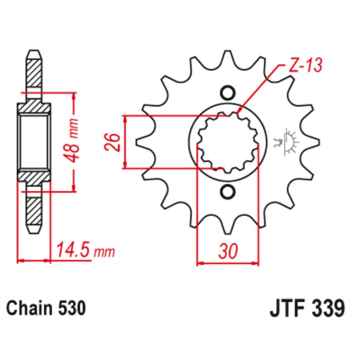 

Звезда передняя, ведущая JTF339, стальная, цепь 530, 17 зубьев