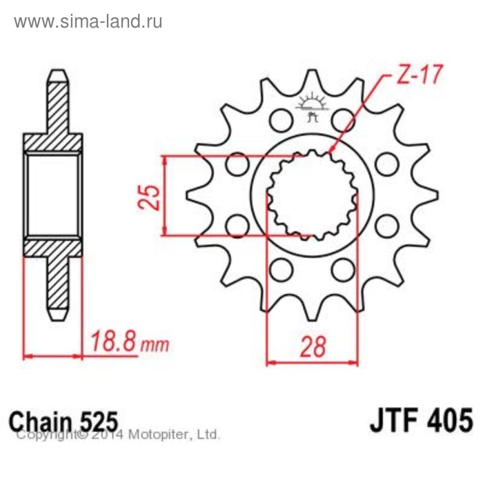 

Звезда передняя, ведущая, для мотоцикла, стальная JTF405, цепь 525, 20 зубьев