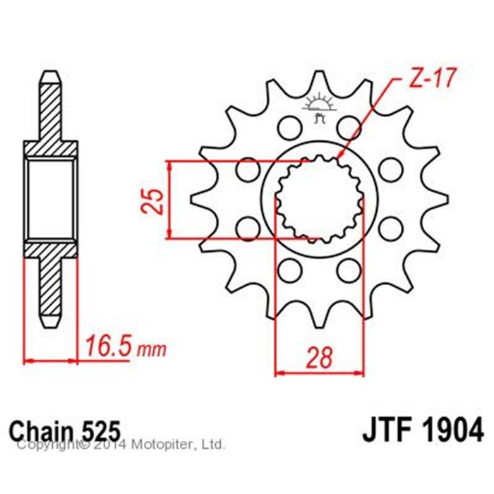 

Звезда передняя, ведущая, для мотоцикла, стальная JTF1904, цепь 524, 17 зубьев
