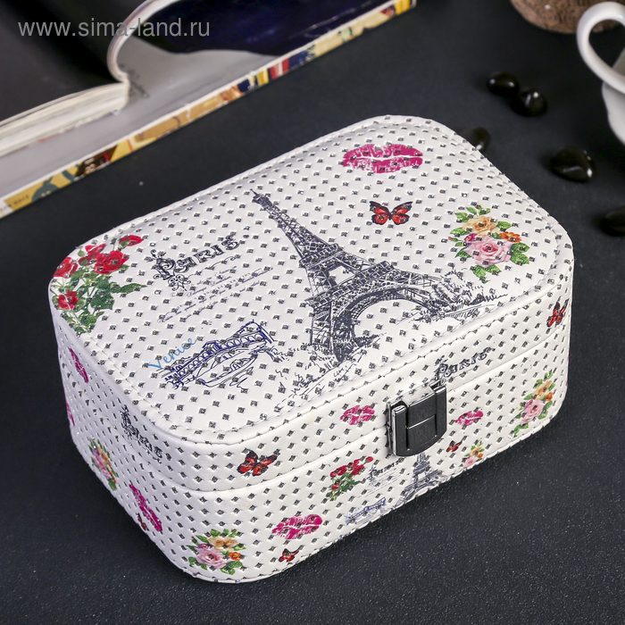 Шкатулки из кожи Шкатулка кожзам для украшений Эйфелева башня и цветы с блёстками 7,2х16,7х11,7 см