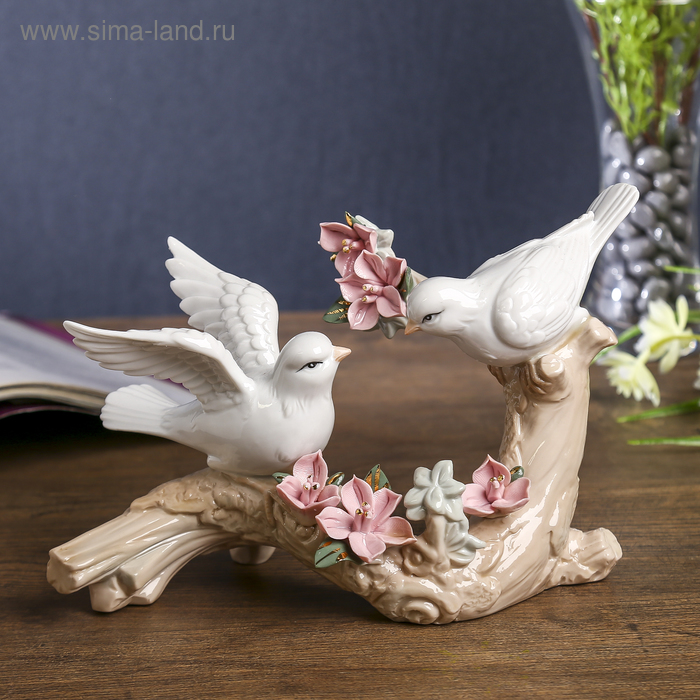 набор для декора две птички с цветами sovushka Сувенир керамика Две птички на ветке с цветами 14х21х9 см