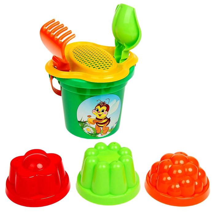 Песочный набор №26: ведро малое, ситечко-цветок, совок, грабельки, 3 формочки, цвета МИКС