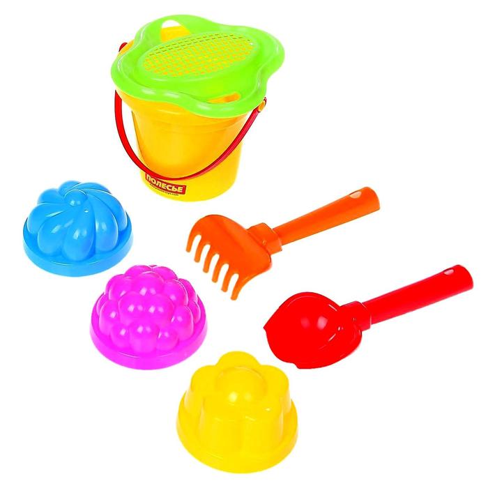 Песочный набор №26: ведро малое, ситечко-цветок, совок, грабельки, 3 формочки, цвета МИКС