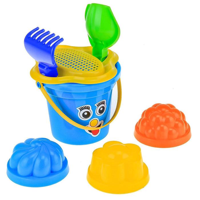 Песочный набор №26: ведро малое, ситечко-цветок, совок, грабельки, 3 формочки, цвета МИКС