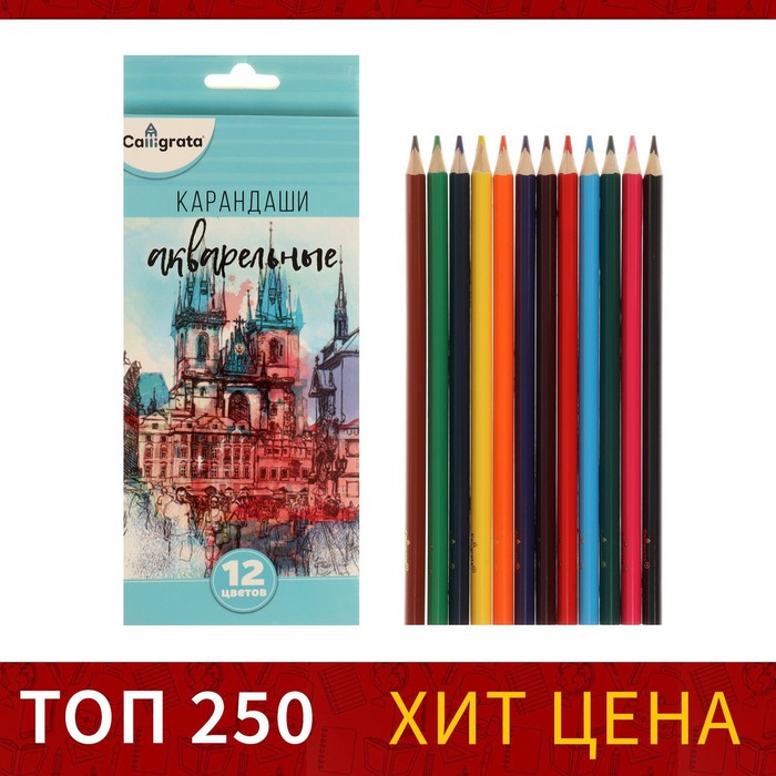 Карандаши 12 цветов, в картонной коробке, заточенные, «Акварельные»