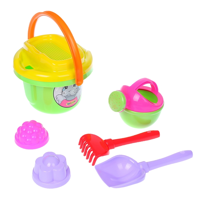 Песочный набор № 197: ведро, ситечко большое, лопатка, грабельки, 2 формочки, лейка, цвета МИКС