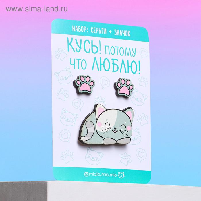 фото Набор значок и серьги на подложке "котик" micio