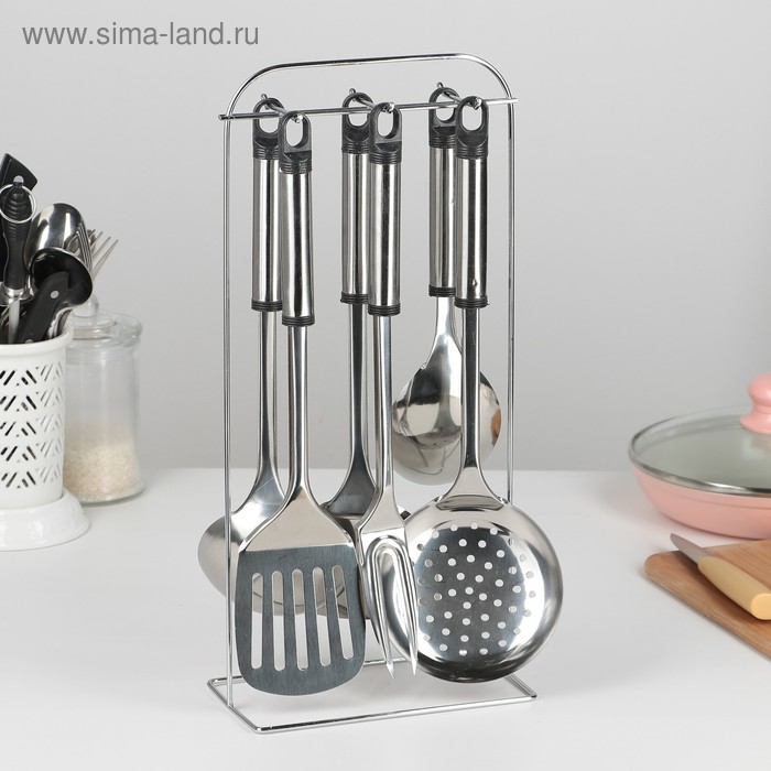 Набор кухонных принадлежностей «Помощник», 6 предметов, на подставке набор кухонных принадлежностей прайм 5 предметов на подставке цвет серебряный