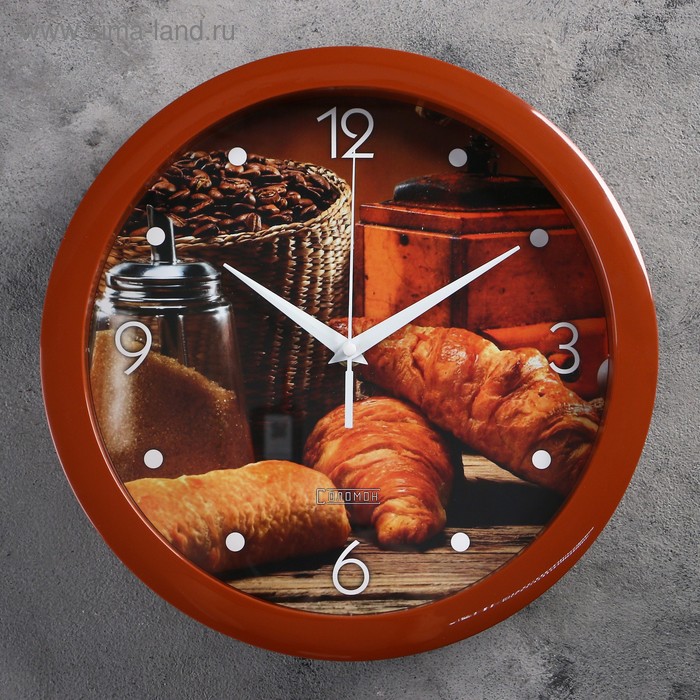 фото Часы настенные, серия: кухня, "круассан с кофе", плавный ход, d=28 см соломон