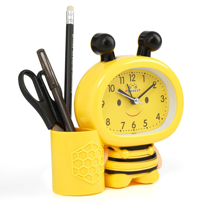 Будильник Пчела, с карандашницей, дискретный ход, d-9 см, 14.5 х 14 см, желтый будильник пингвинёнок с карандашницей дискретный ход d 6 см 12 х 14 5 см розовый