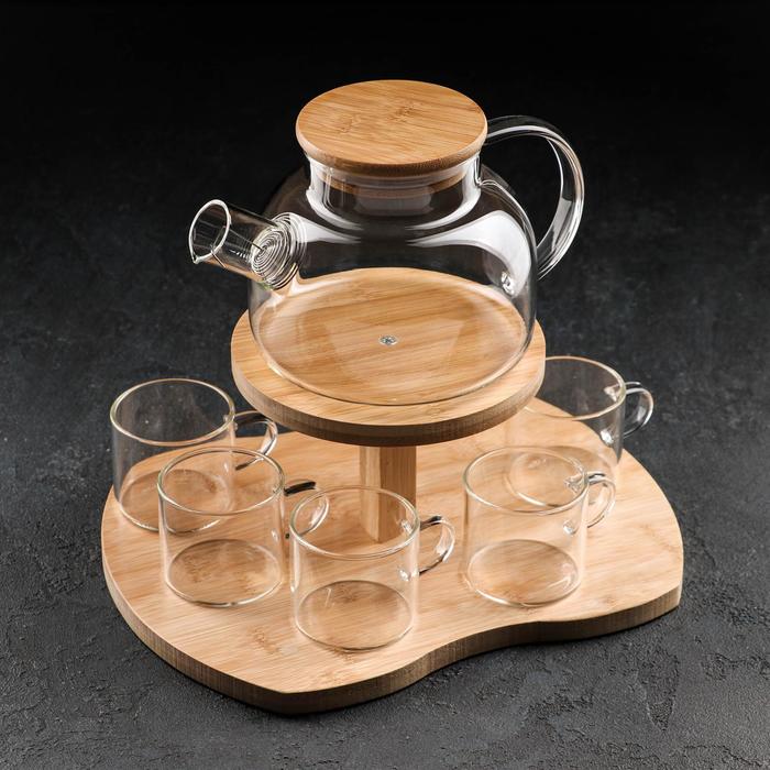 Набор чайный из стекла на деревянной подставке «Эко», 7 предметов: чайник 1,1 л, 5 кружек 120 мл, подставка