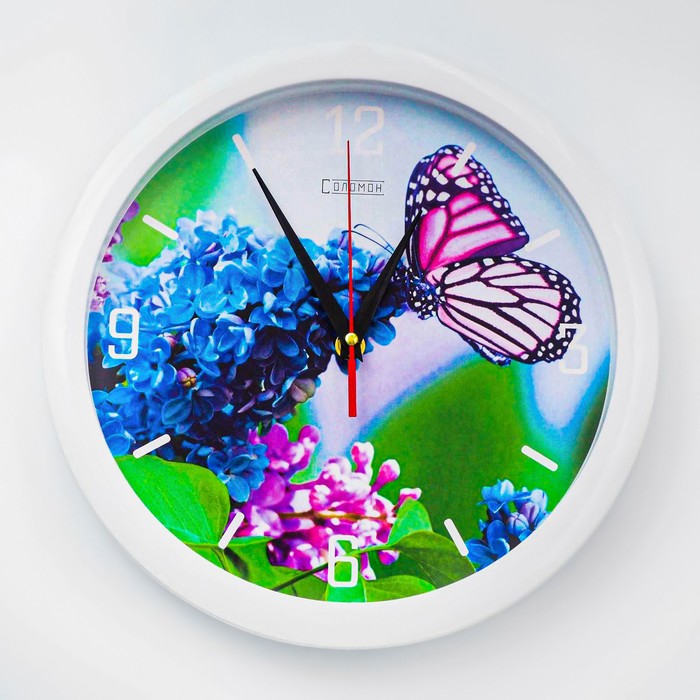 Часы настенные, d-28 см, интерьерные Бабочка на цветке, бесшумные