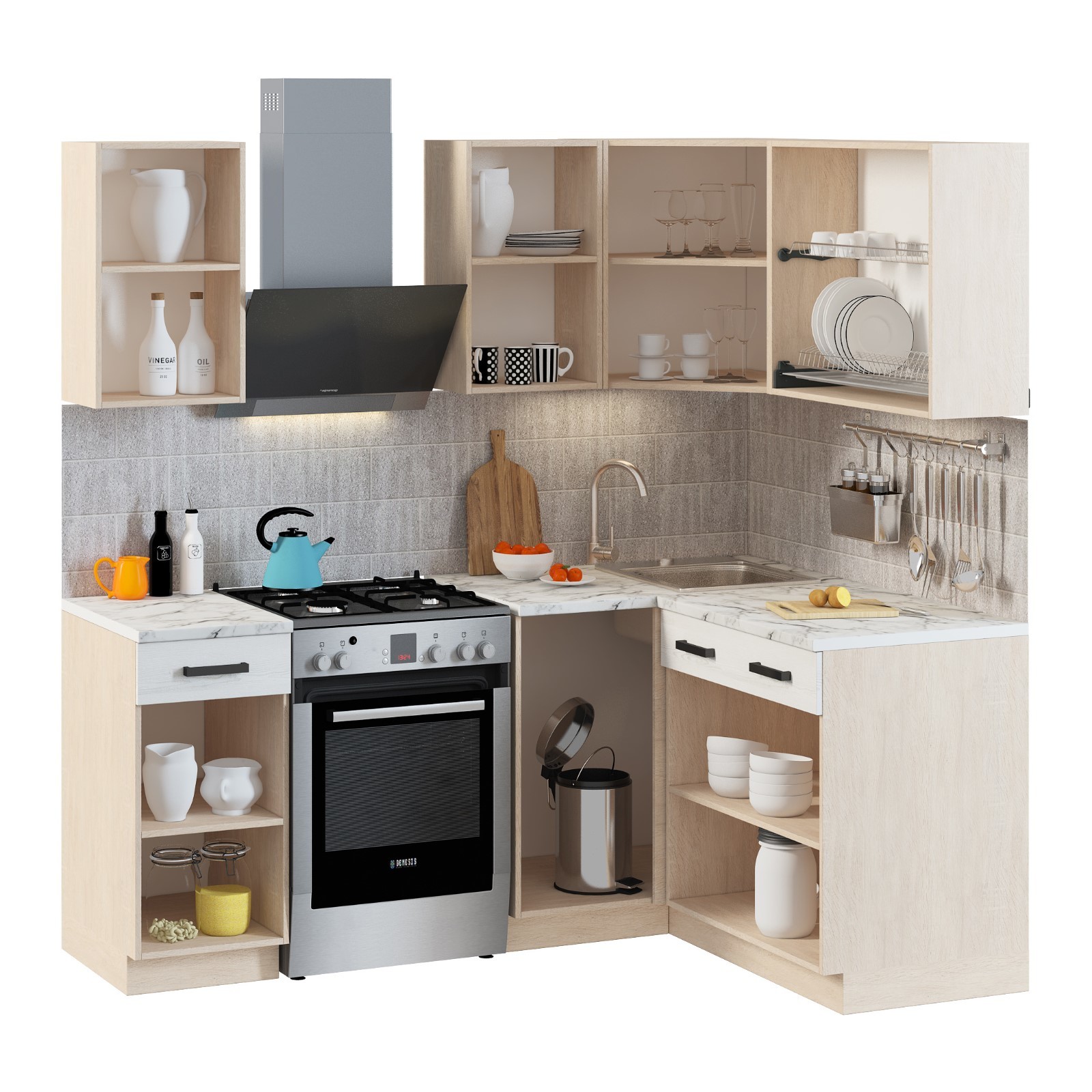 Кухонный гарнитур Алиса Loft угловой№3 1400х1100 дуб сонома/ сосна белая Loft