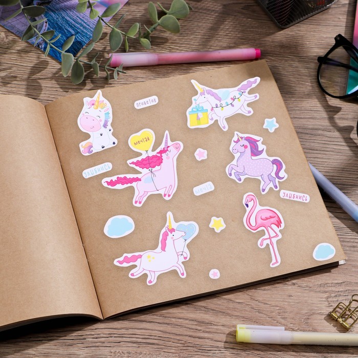 Наклейки бумажные «Фламинго и единороги», 14 × 21 см наклейки бумажные единороги 14 × 21 см