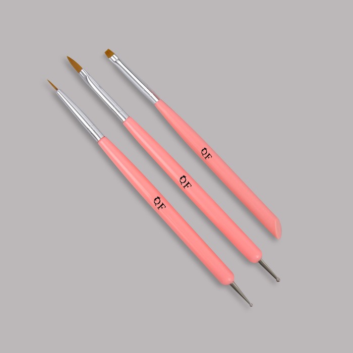 Набор для наращивания и дизайна ногтей: плоская кисть - дотс 2 шт, плоская кисть - пушер, цвет розовый