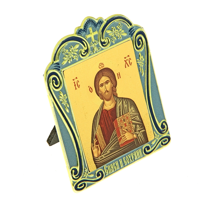 Икона Иисуса Христа в киоте "Спаси и сохрани" на подставке