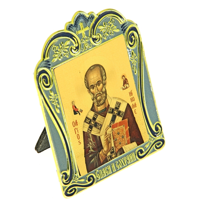 Икона Николая Чудотворца в киоте "Спаси и сохрани" на подставке