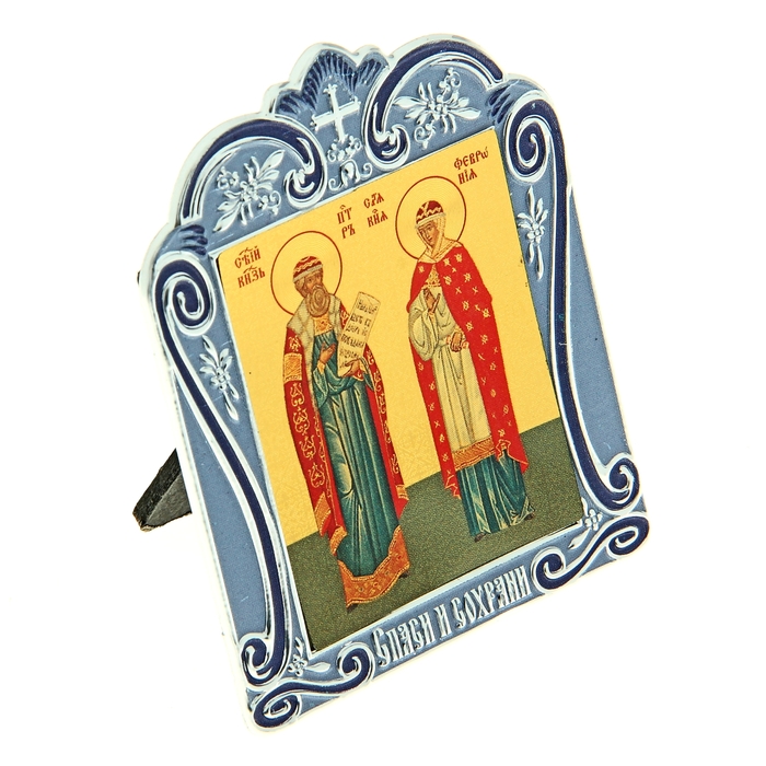 Икона Петра и Февронии в киоте "Спаси и сохрани" на подставке