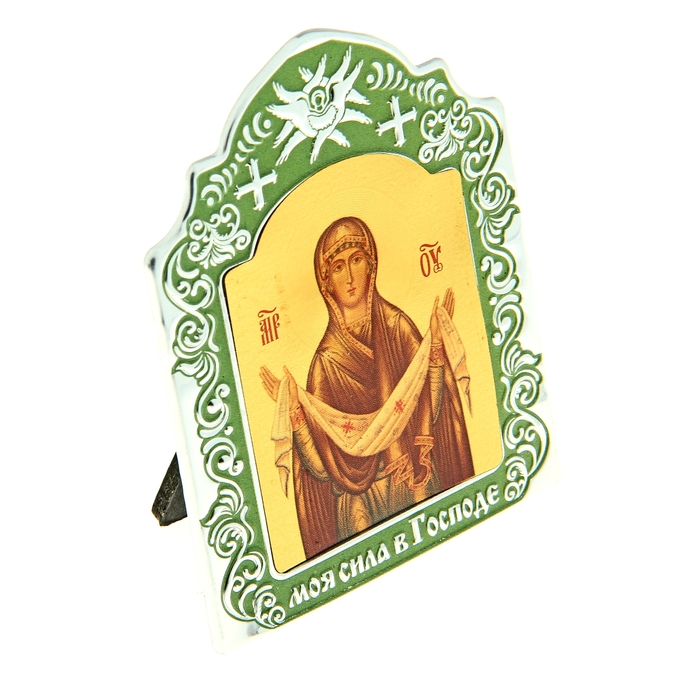 Икона Покрова Пресвятой Богородицы в киоте "Моя сила в господе" на подставке