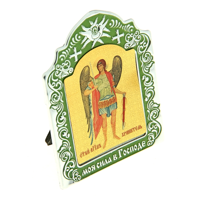 Икона Архангела Михаила в киоте "Моя сила в господе" на подставке