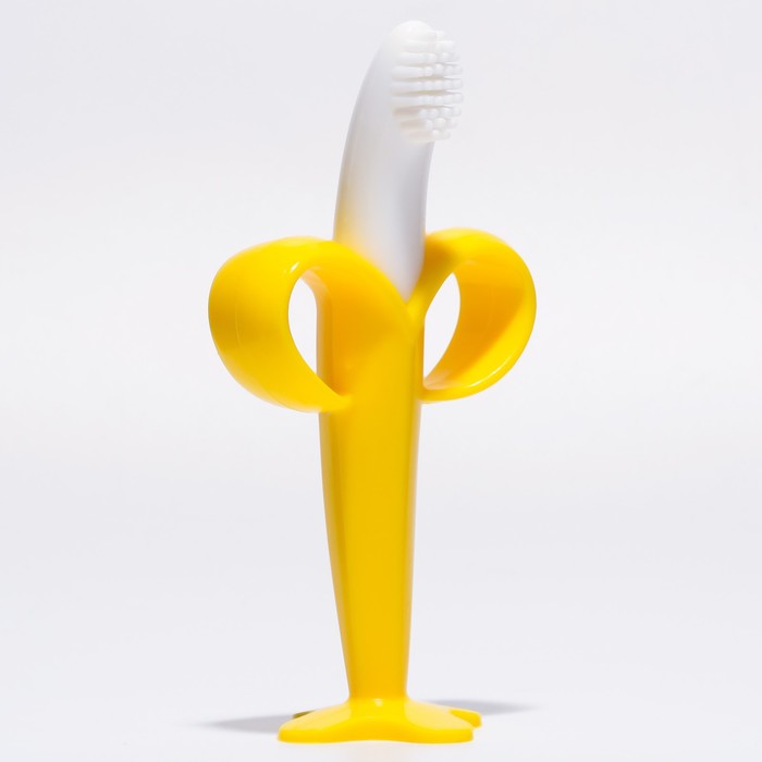 фото Детская зубная щетка, прорезыватель - массажер «банан», на присоске, с ограничителем, силикон, от 3 мес., цвет жёлтый крошка я