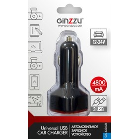 

Автомобильное зарядное устройство Ginzzu, 4.8A, 3 USB, черный