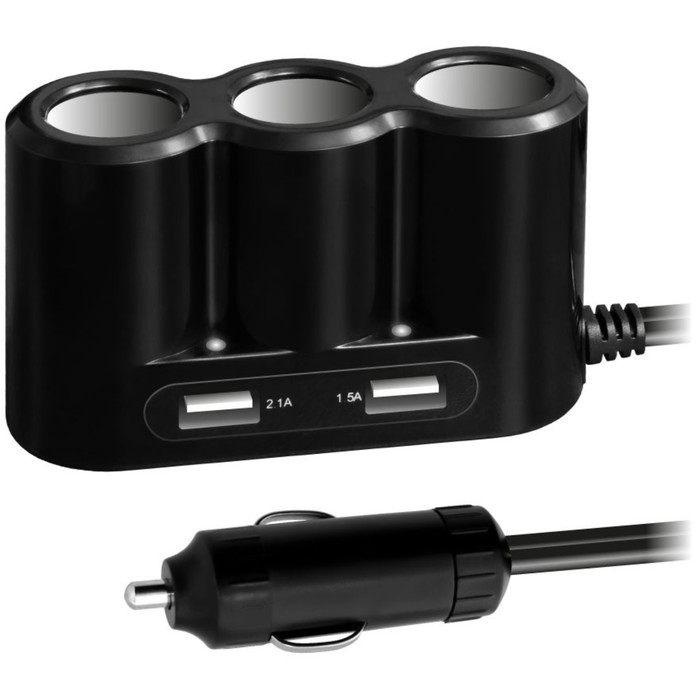 Автомобильное зарядное устройство Ginzzu, 3.6A, 2 USB, разветвитель на 3 розетки + удлинитель 1 м, ч