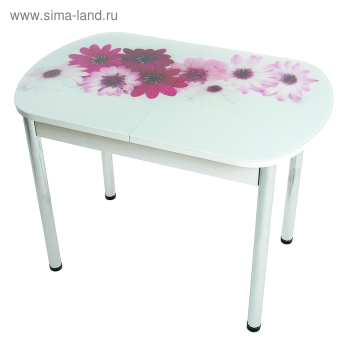 

Стол раздвижной с ФП Маргаритки, 1100/1500х700х777 стекло/пояс белый/прямые хром ноги