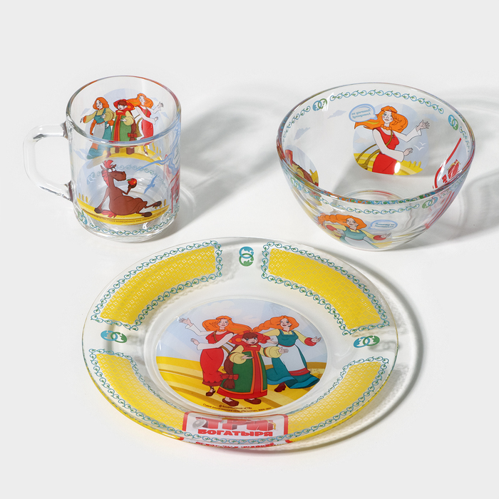 фото Набор детской стеклянной посуды «три богатыря. царевны», 3 предмета: тарелка d=19,7 см, салатник d=13 см, кружка 300 мл priority