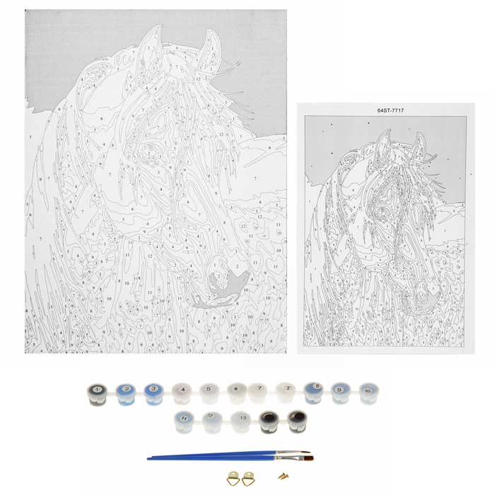Роспись по холсту "Лошадь" по номерам с красками по 3 мл + кисти + инструкция + крепеж