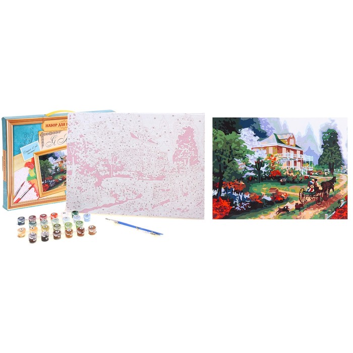 Роспись по холсту "Поместье" по номерам с красками по 3 мл + кисти + инструкция + крепеж