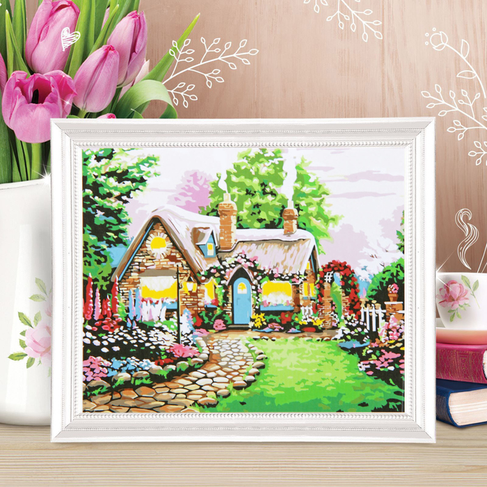 Роспись по холсту "Дом" по номерам с красками по 3 мл + кисти + инструкция + крепеж