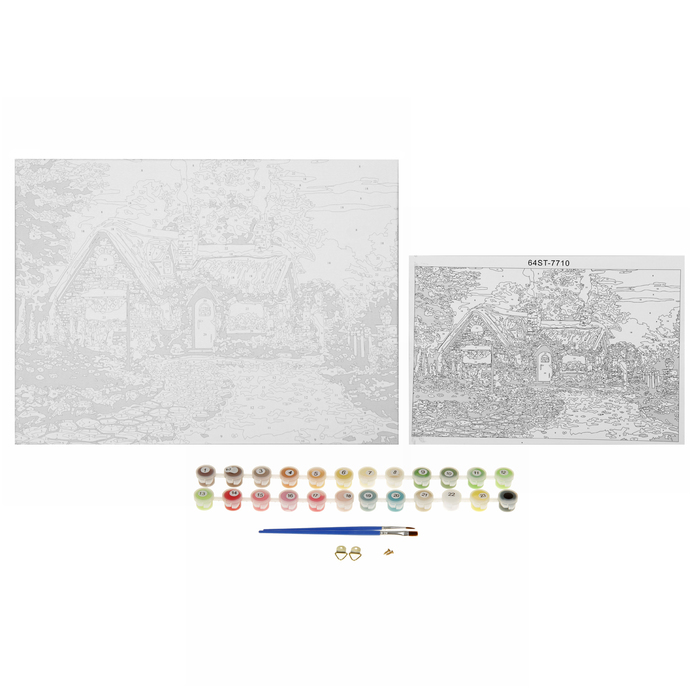 Роспись по холсту "Дом" по номерам с красками по 3 мл + кисти + инструкция + крепеж