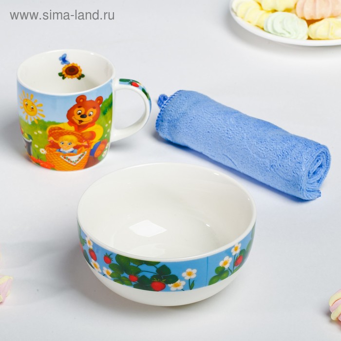 Набор посуды «Солнышко»: кружка 250 мл, тарелка глубокая 430 мл, полотенце 30 × 30 см