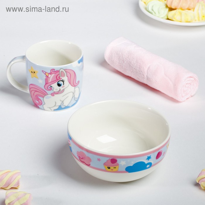 Набор посуды «Сладкоежка»: кружка 250 мл, тарелка глубокая 430 мл, полотенце 30 × 30 см
