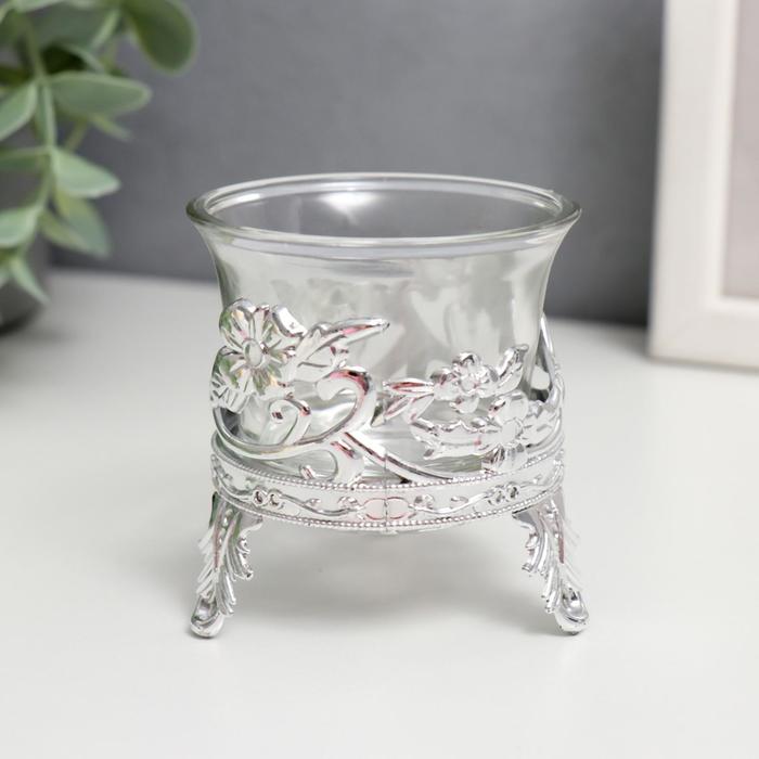 Подсвечник стекло, пластик на 1 свечу Цветочек серебро 6,5х6х6 см